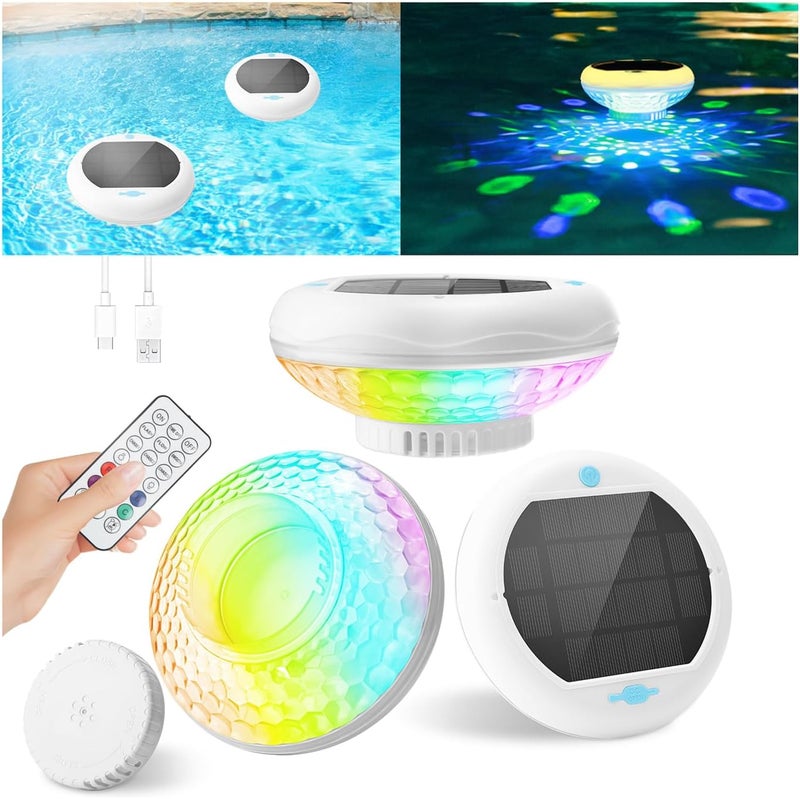 QOLNBY Pool Chlorine Floater Solar Floating Pool Lights with USB Charging 3 in1, IP68 Waterproof 2600mAh 13 Color Modes Pool Lights, Adjustable Pool Chlorine Dispenser for 1" & 3" for Pool 1 Pack - Image 1